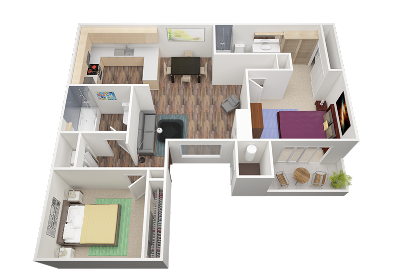 Floor plan for 2 beds, 2 baths, 960 sqft